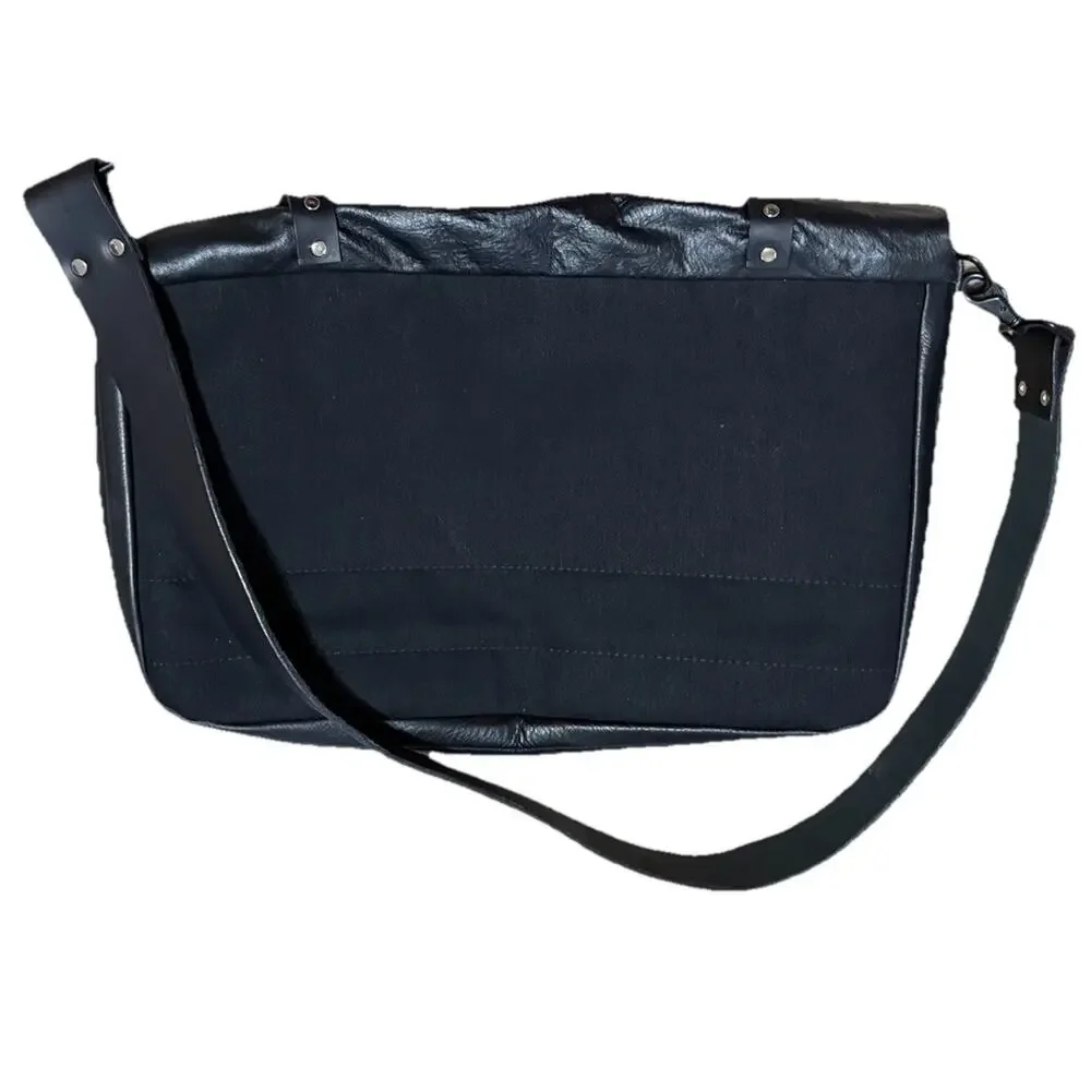 Mens Large Leather & Wool Messenger Bag Crossbody Briefcase Travel Gray Black